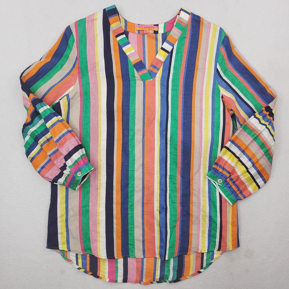 Vilagallo Blouse Womens 40 Multicolor Stripe Linen V Neck Long Sleeve Tunic Top